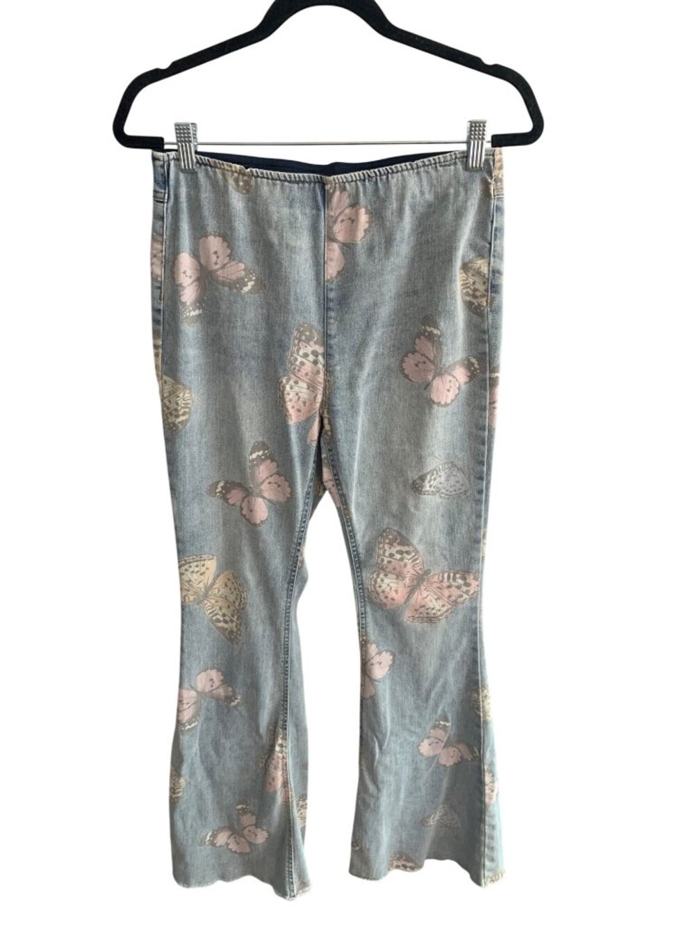 Y2K Butterfly Print Flare Jeans Light Wash Raw Hem NOBO Juniors M (7-9)